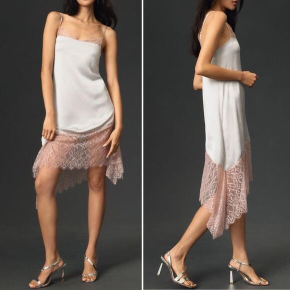 NWT Anthropologie Lace-Trimmed Asymmetrical Midi Slip Dress Gray Pink Size 8 NEW - Picture 1 of 16